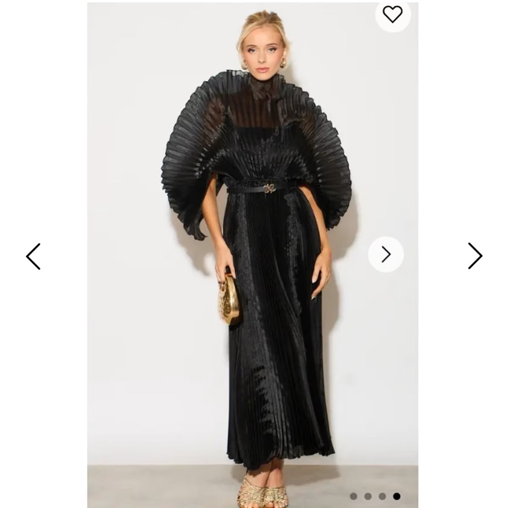 Pleated Long Dress With Organza Pleated Cape Sleeves In Black - Picture 2 of 7
